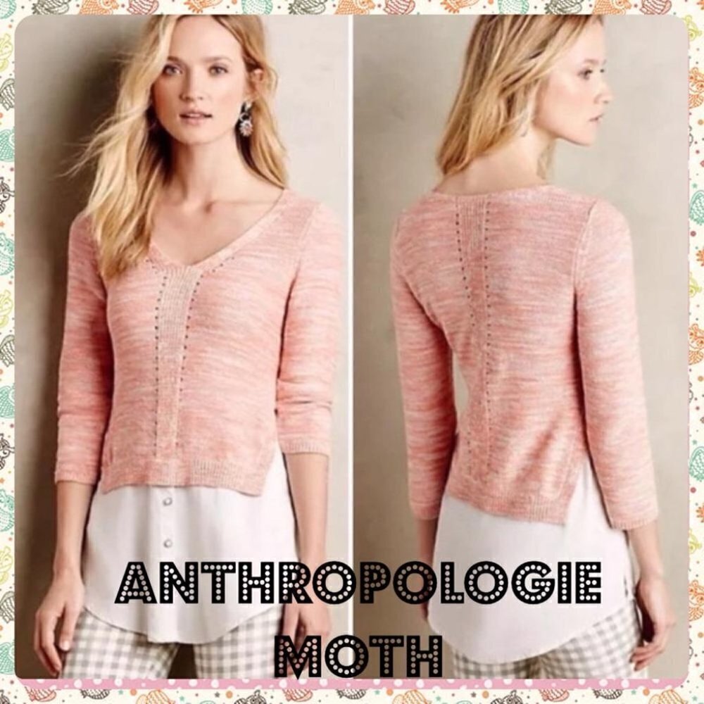 Anthropologie Moth Aselin Layered Peach Sweater v-neck 3/4 sleeve. Sz XS